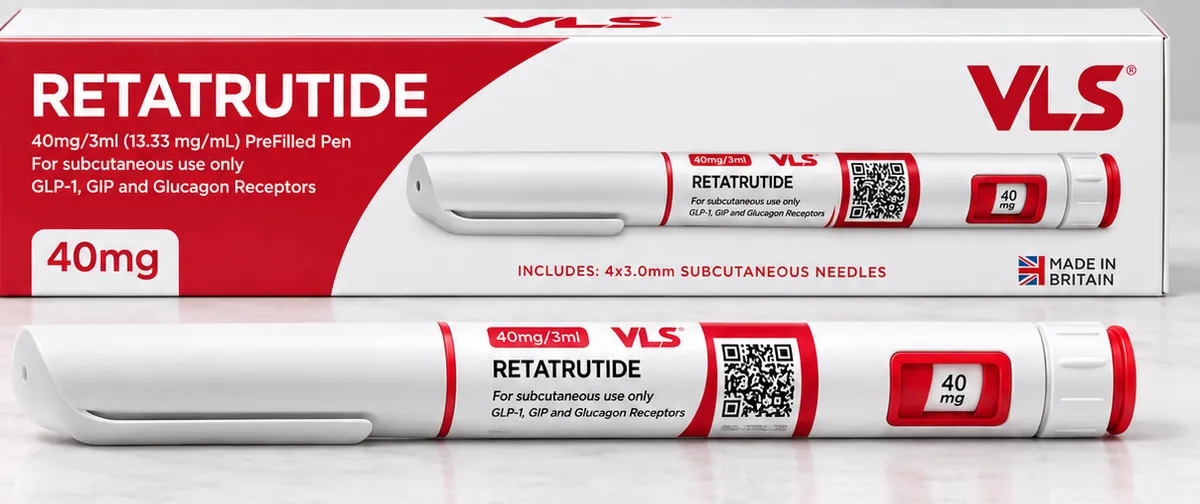 Detalle de la etiqueta y del visor de la lapicera de retatrutida 40 mg