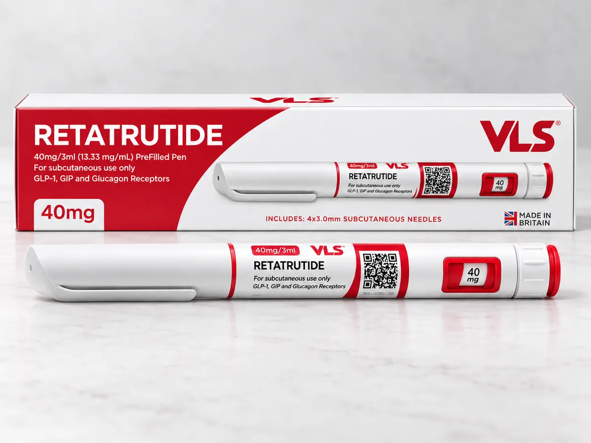Foto van de fabrikant: doos en pen met retatrutide 40 mg op wit marmer