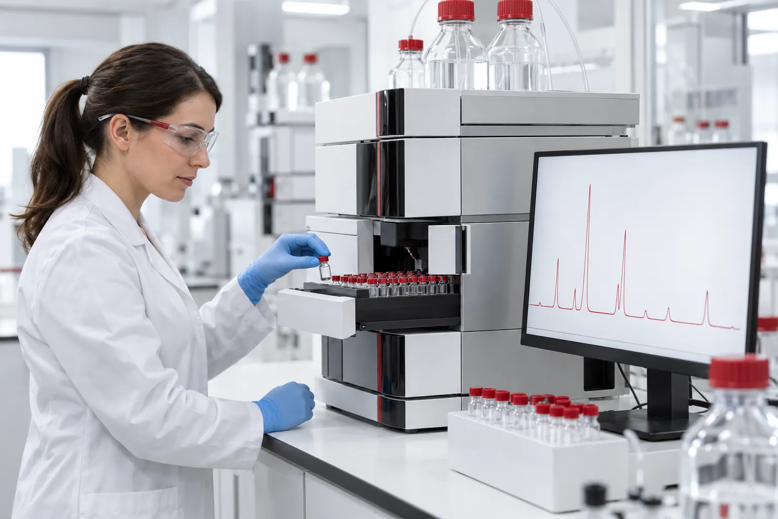 Illustratie: Technisch team van VLS analyseert monsters in het kwaliteitscontrolelaboratorium
