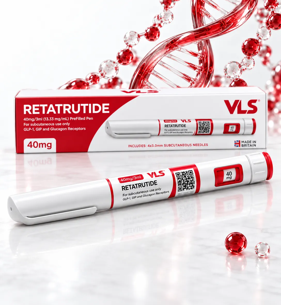Lapicera de retatrutida 40 mg VLS y su caja sobre una superficie blanca, con una hélice de ADN roja al fondo